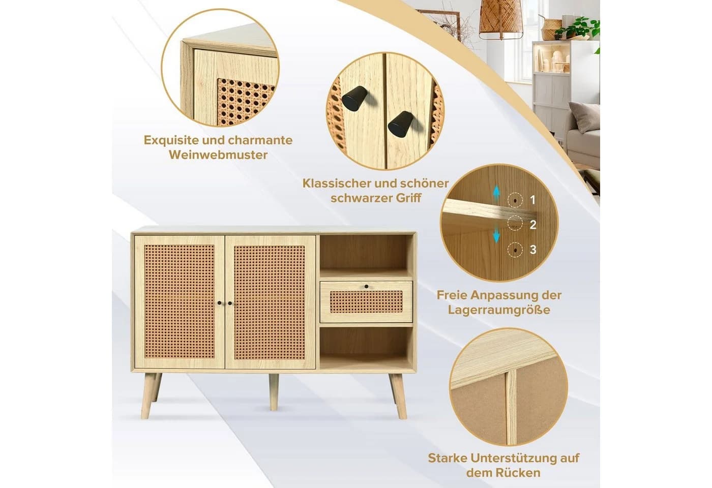 Merax Sideboard Landhausstil Rattan Eiche Schwarz