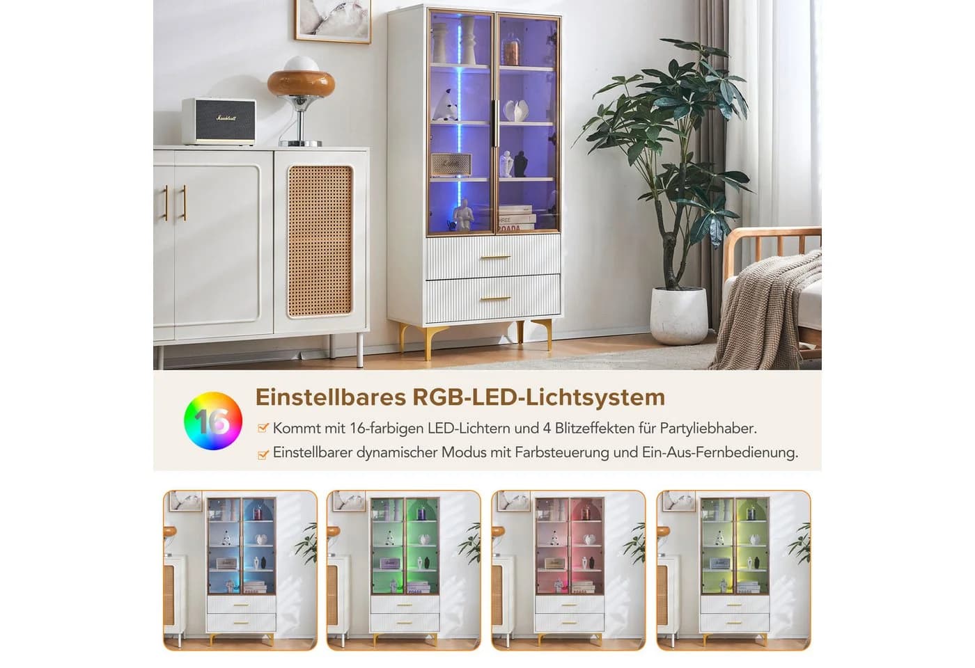 Merax Glasvitrine mit Glastüren und LED Weiß/Braun/Gold Hochschrank