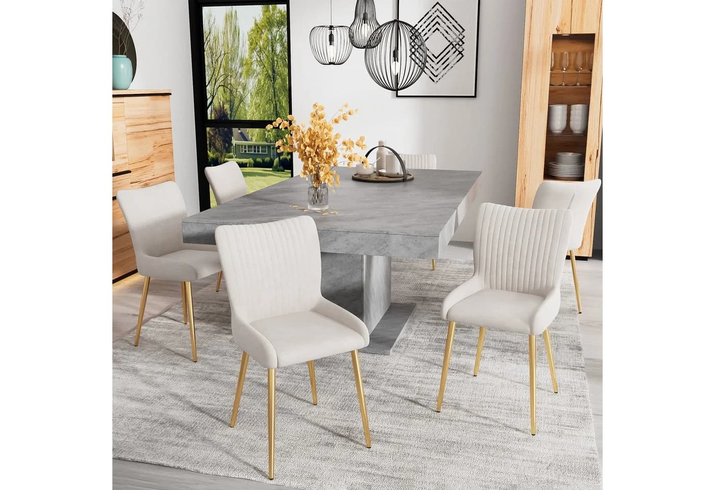 Flieks Esszimmerstuhl 6er Set Beige Gold Samt Metallbeine