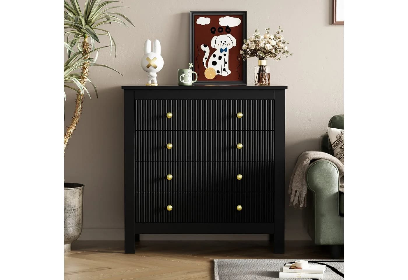 Merax Kommode 5 Schubladen Schwarz mit goldenen Metallgriffen