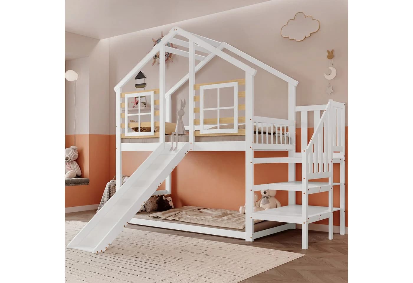 Merax Etagenbett Blockhaus Design Weiß mit Rutsche und Treppe