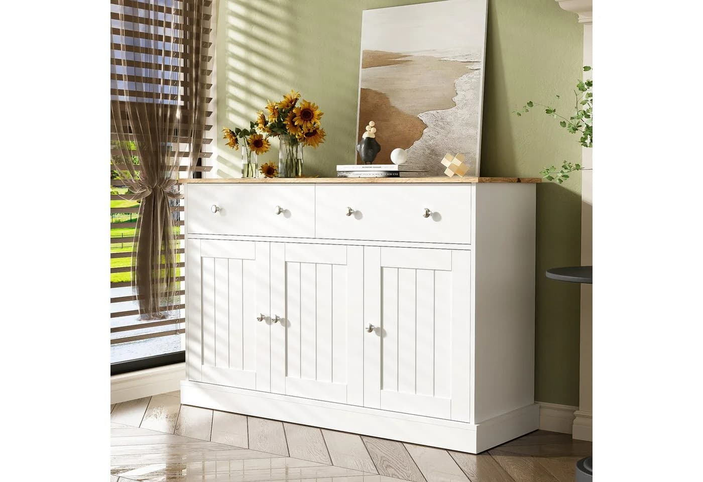 Merax Sideboard Shabby-Stil 120cm Weiß mit Schubladen & Türen