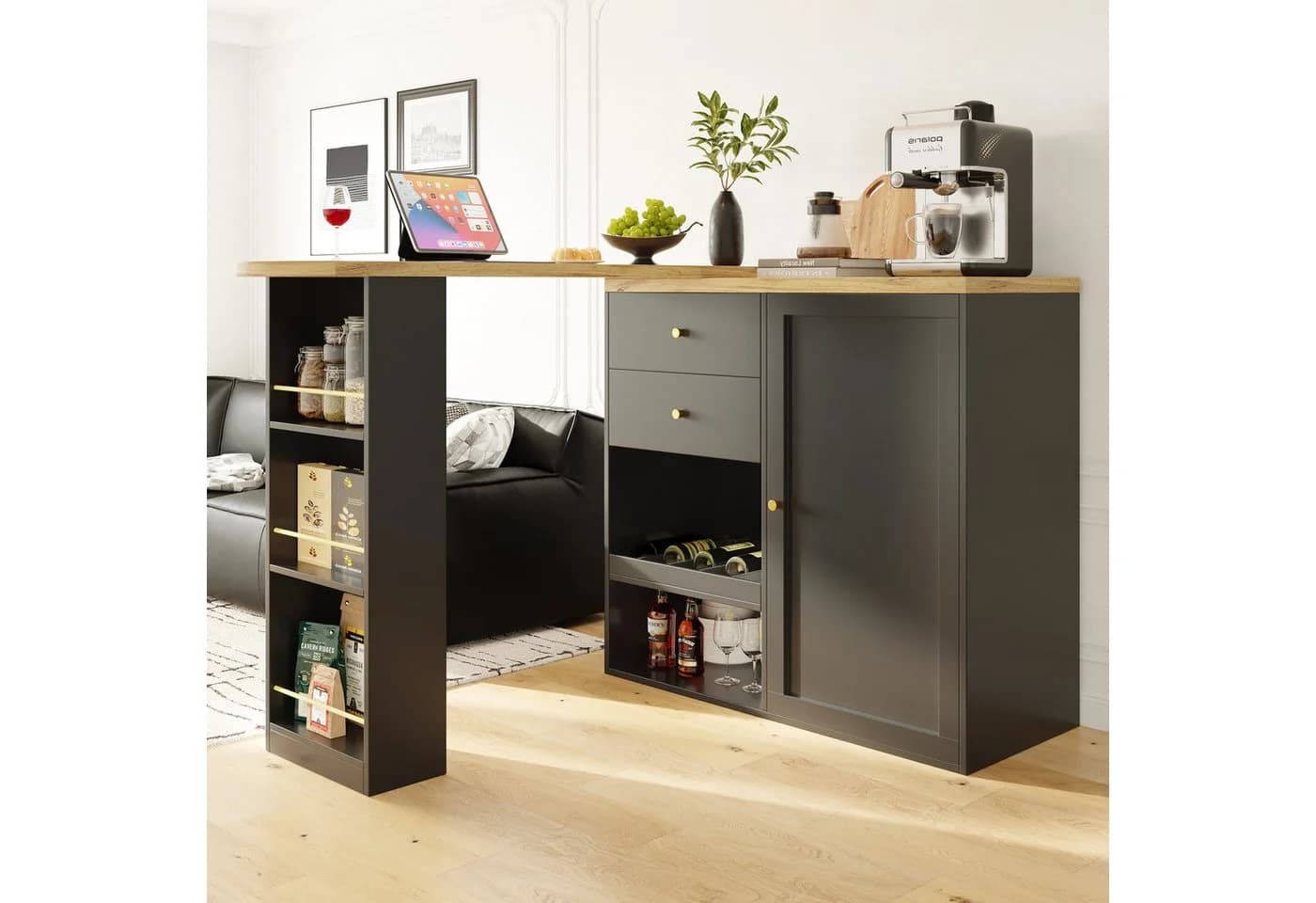 Flieks Bartisch 360° drehbar Stehtisch mit Sideboard Schwarz