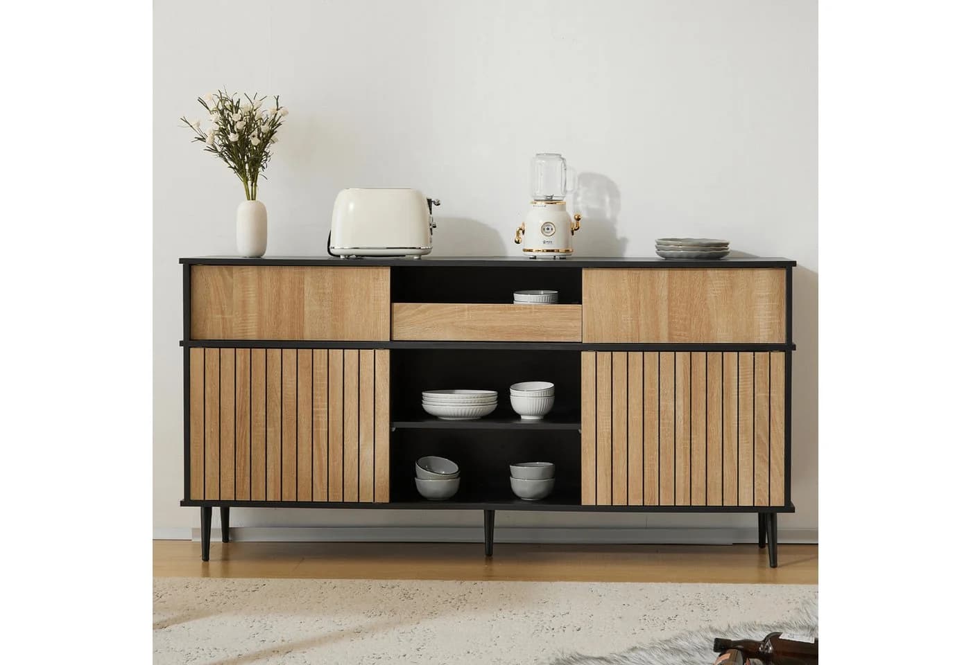 Merax Sideboard 4 Schiebetüren 1 Schublade Schwarz Eiche