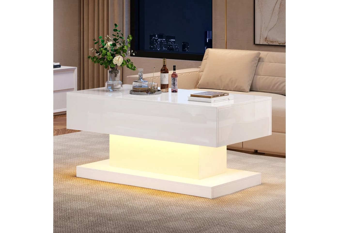 Merax Couchtisch Schwarz Hochglanz mit hydraulischem Lift und LED