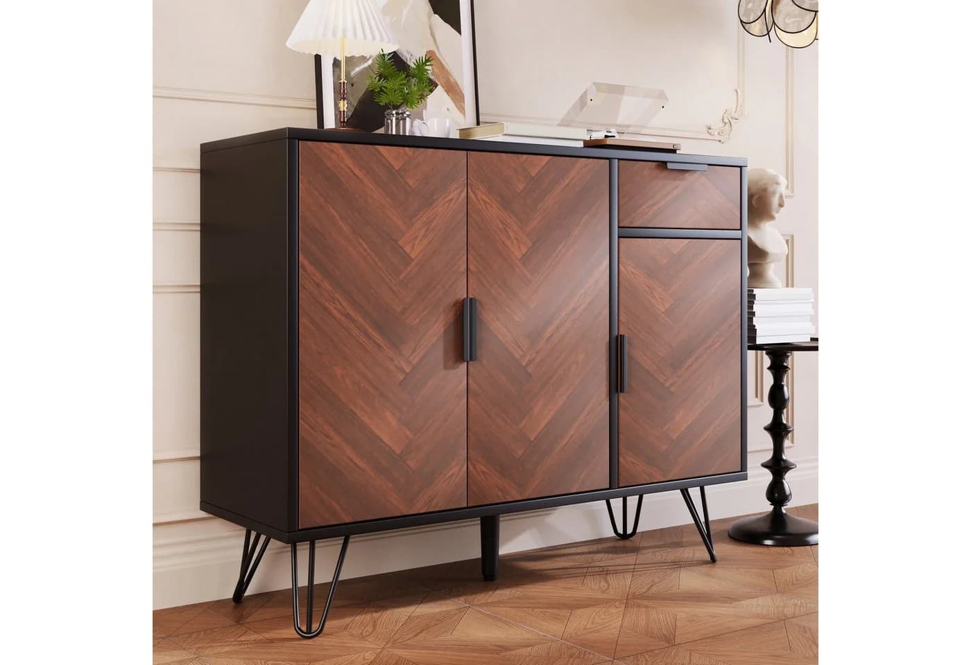 Merax Sideboard Schwarz-Holzoptik mit Schubladen und 3 Türen