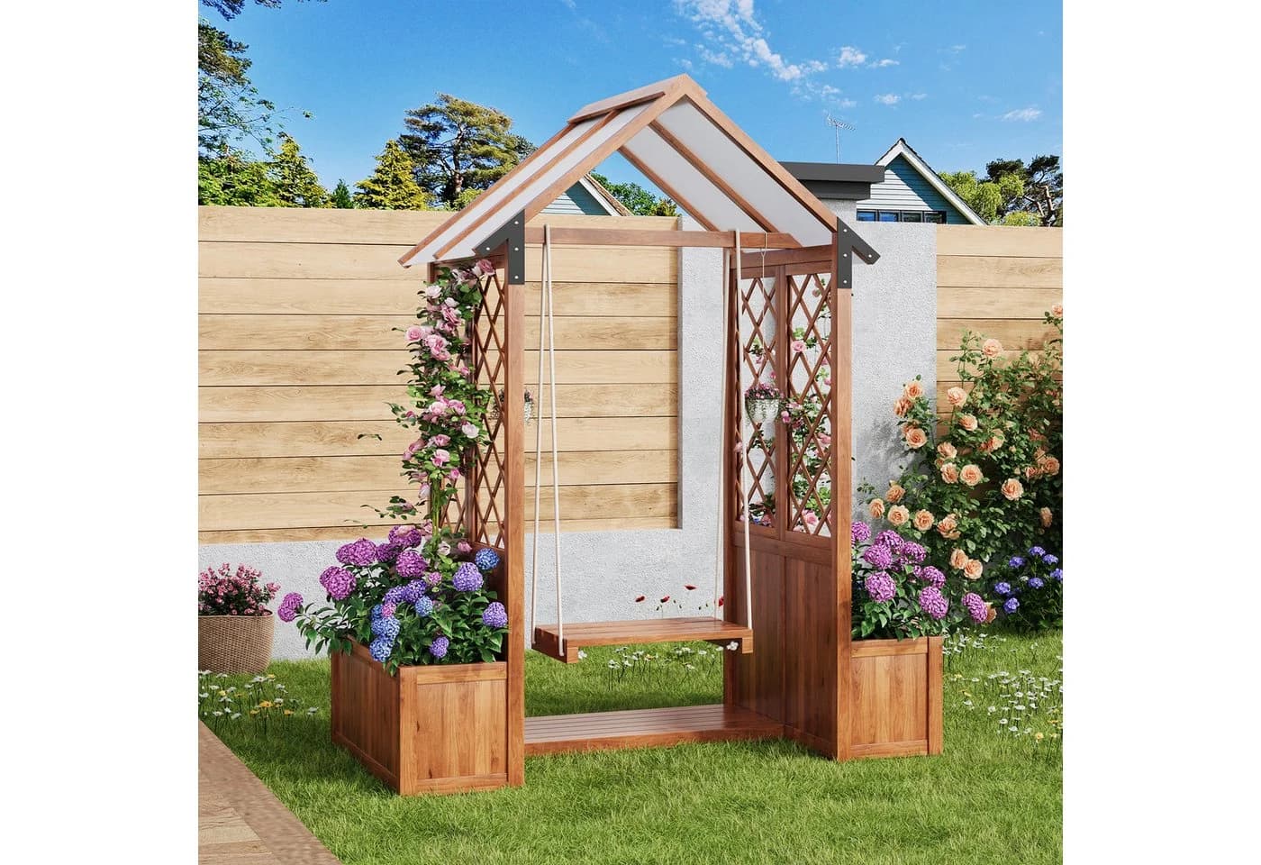 Merax Blumenkasten mit Schaukel und Sonnendach Braun