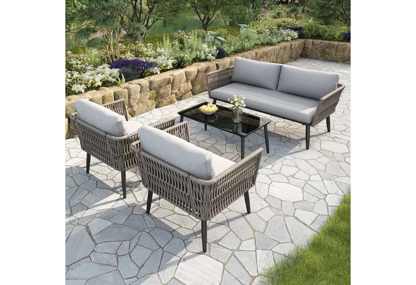 Merax Gartenlounge-Set 4-Sitzer Sofa Sessel Couchtisch