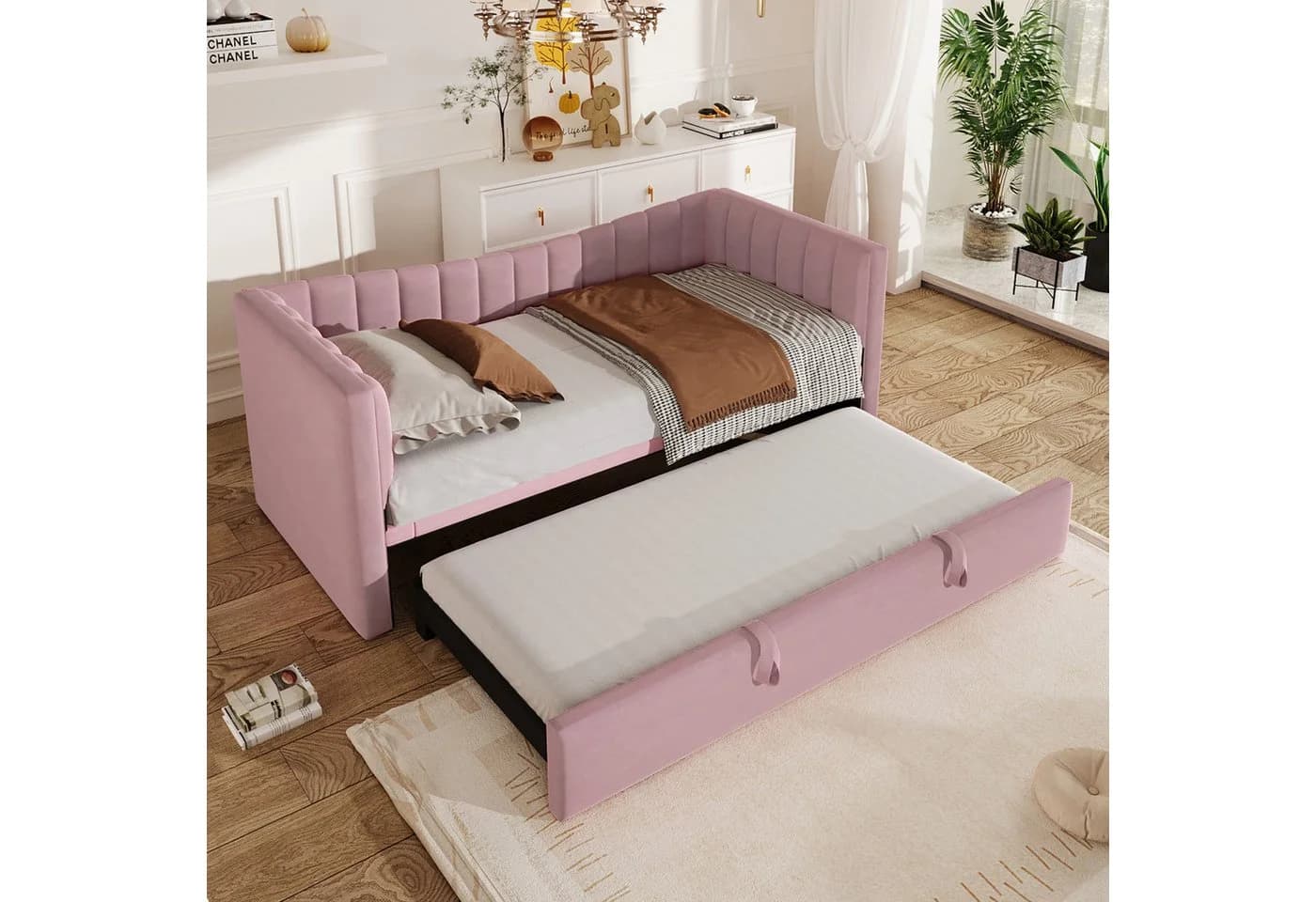 Merax Daybett Rosa/Weiß mit Ausziehbett Samt