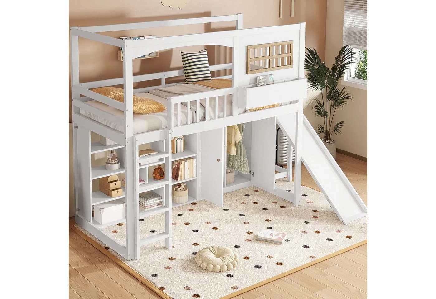Merax Kinder-Etagenbett mit Rutsche und Kleiderschrank