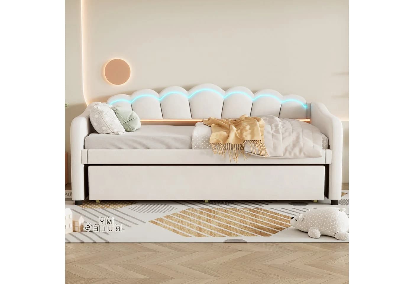 Merax Daybett 90x200cm mit Ausziehbett und LED-Beleuchtung Samt Beige