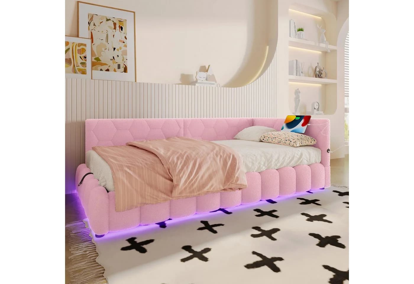 Merax Daybett Rosa Weiß LED USB Hydraulischer Stauraum