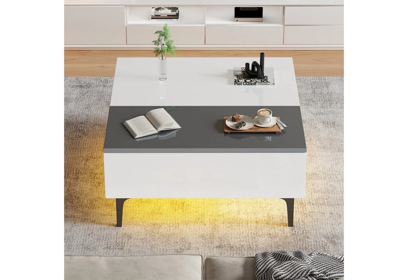 Merax LED Couchtisch höhenverstellbar mit Stauraum und Beleuchtung