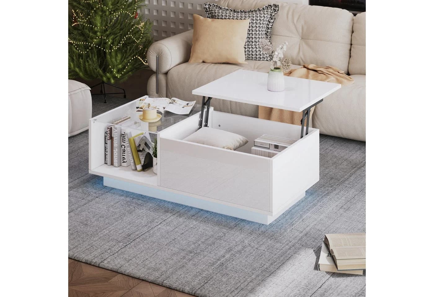 Merax LED-Couchtisch höhenverstellbar mit Hebefunktion und Stauraum