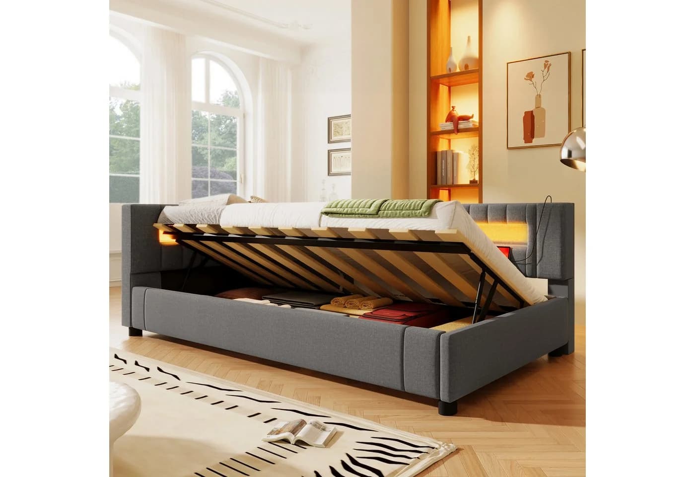 Merax Polsterbett mit LED und USB Stauraum Leinen Beige Grau