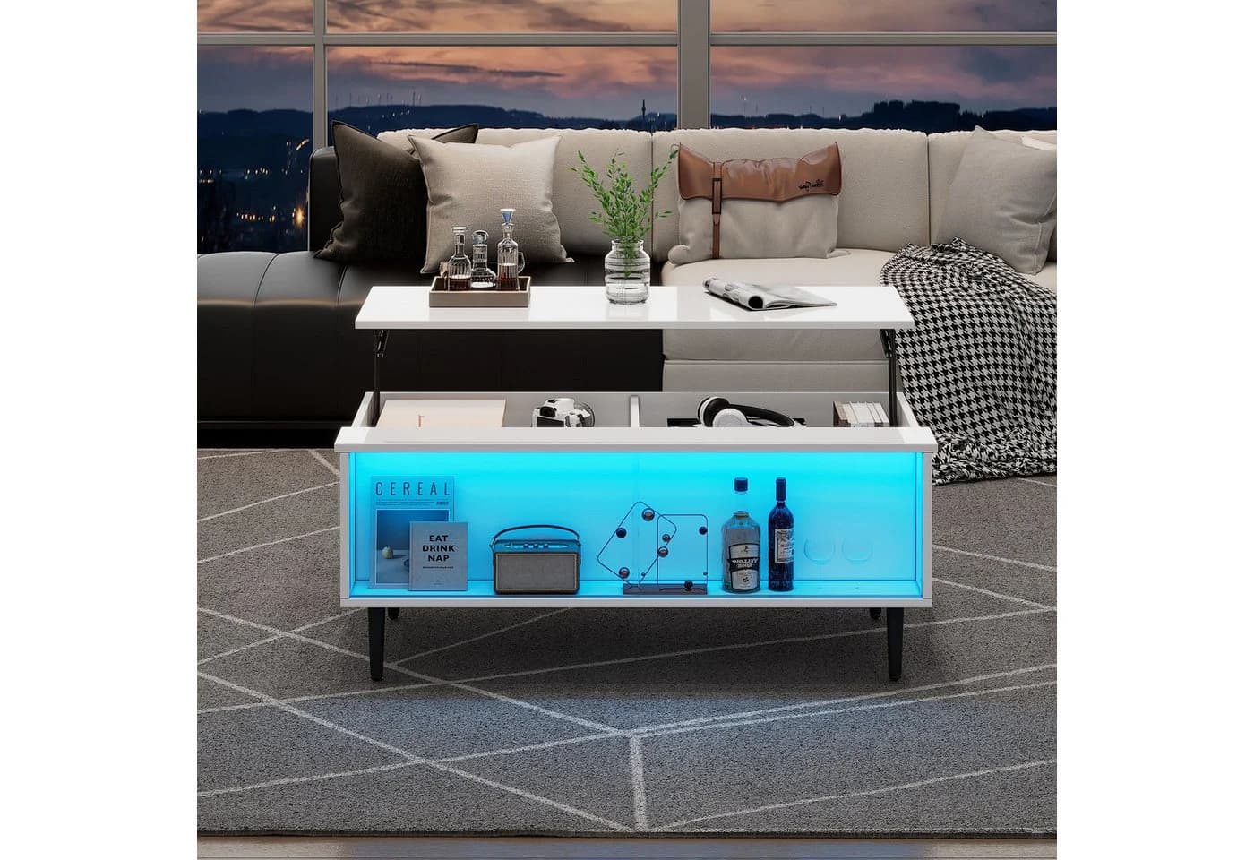Merax Couchtisch Weiß Höhenverstellbar mit LED
