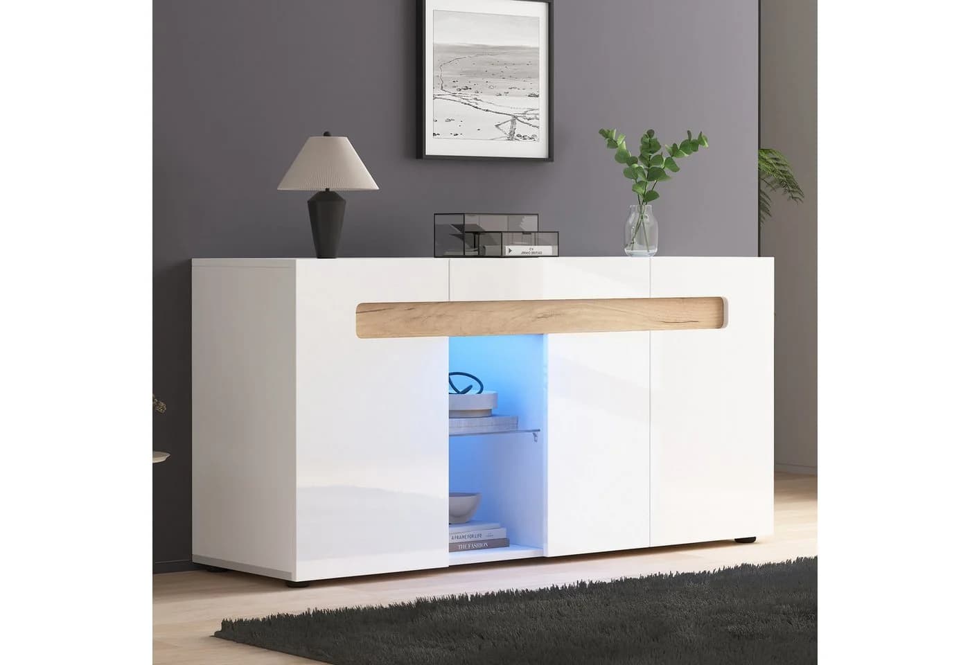 Merax Sideboard mit LED-Beleuchtung, Buffetschrank mit Glasboden