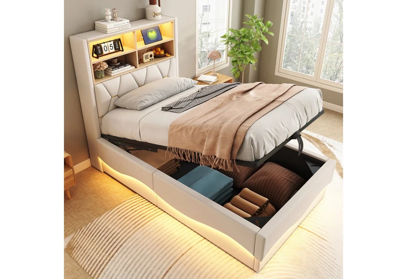 Merax Polsterbett Kinderbett Jugendbett Einzelbett mit Metall-Lattenrost, LED, USB und Ablagefächern