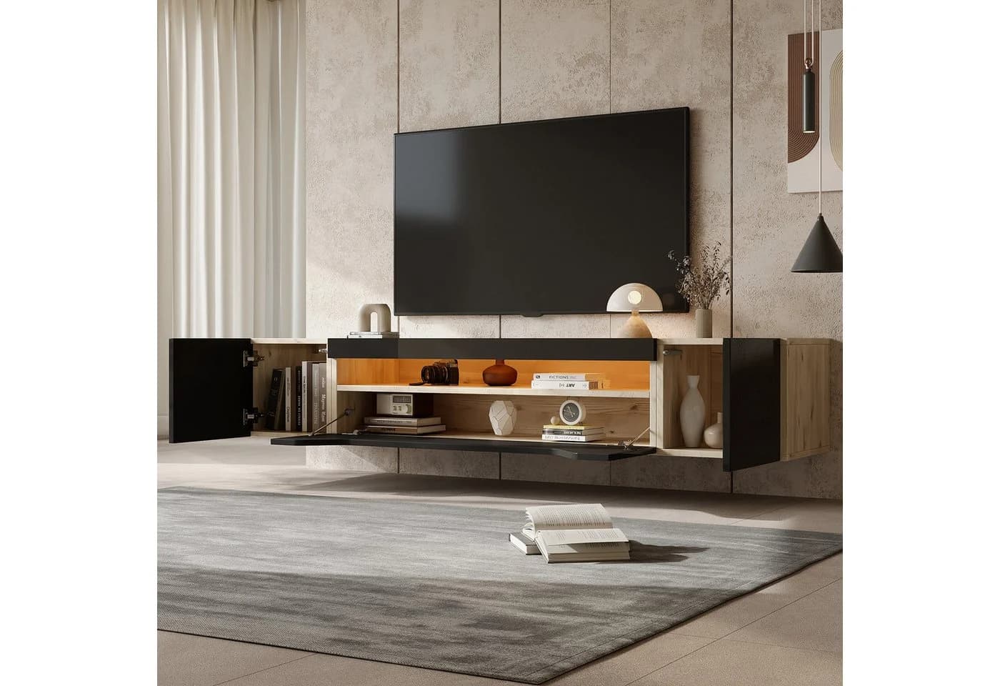 Merax TV-Schrank Wandmontage Schwarz Holzoptik LED Lowboard