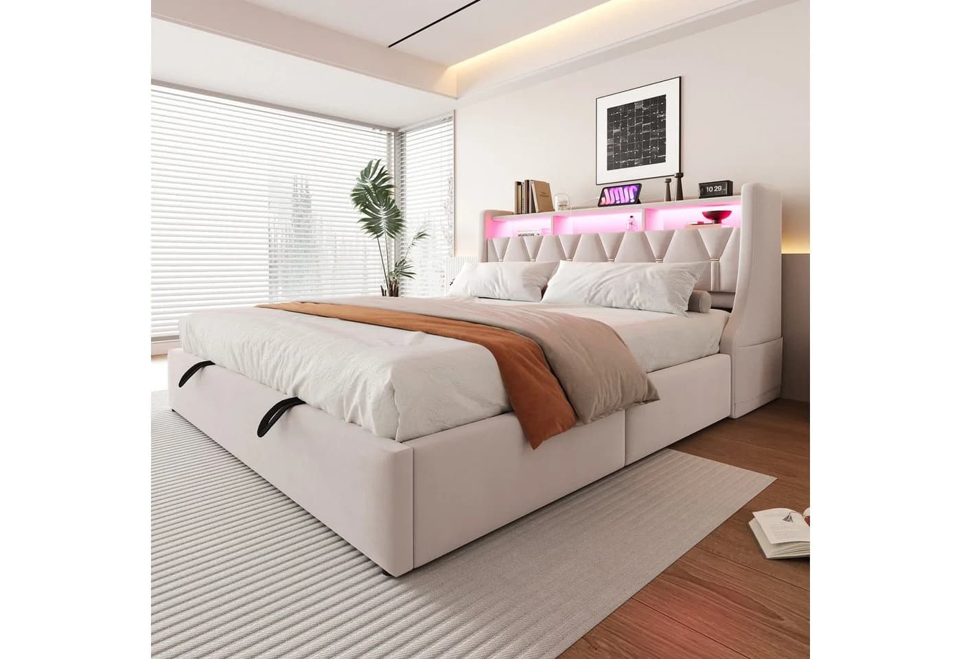 Merax Polsterbett 180x200 cm mit Stauraum, LED & USB Beige