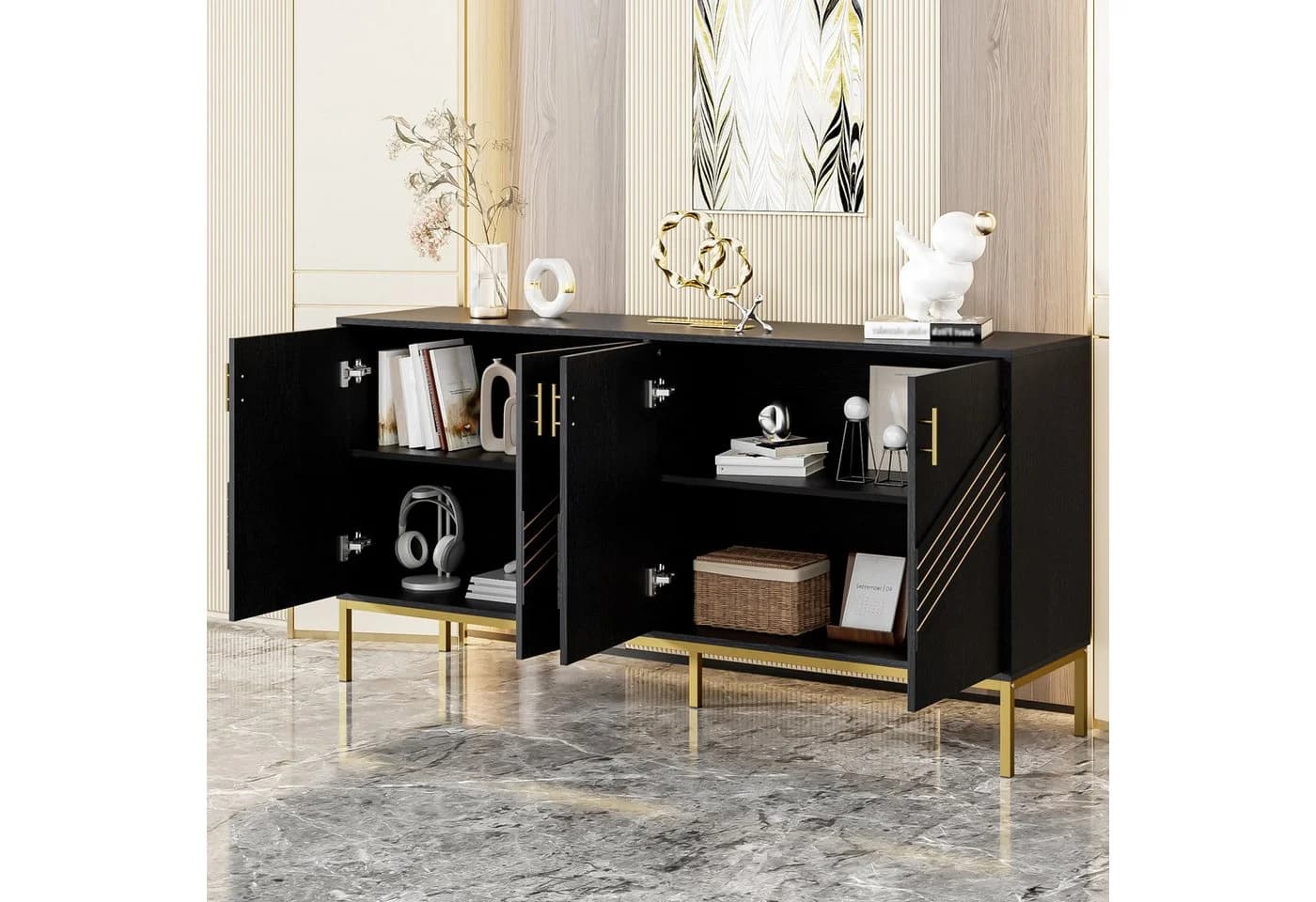 Merax Sideboard Weiß Gold 4 Türen Höhenverstellbare Regale