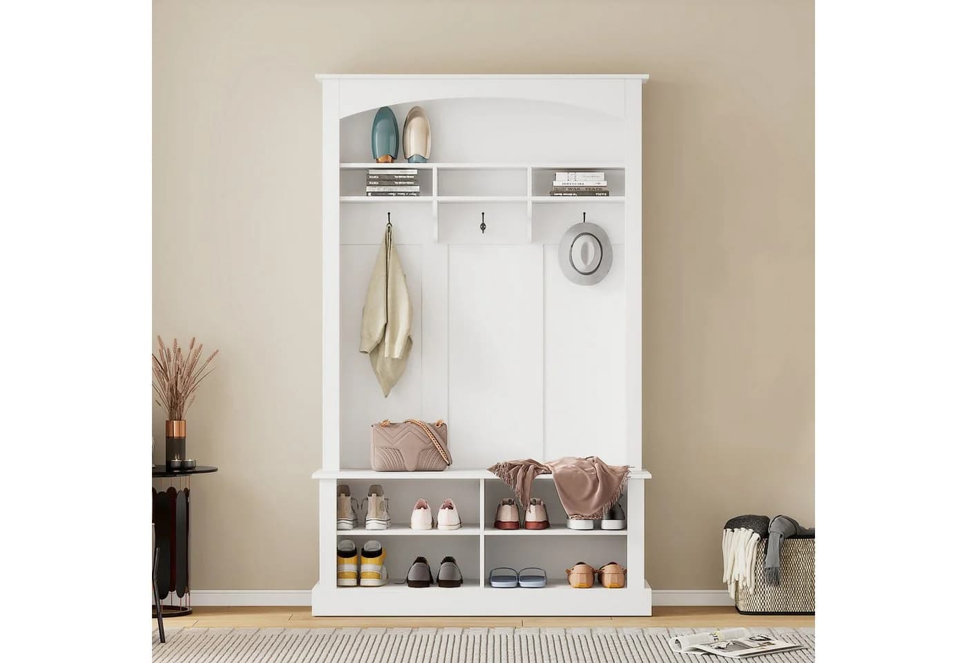 Merax Garderoben-Set mit Bank & Schuhablage, Flurgarderobe mit 3 Haken, offenem Stauraum & verstellbaren Regalböden