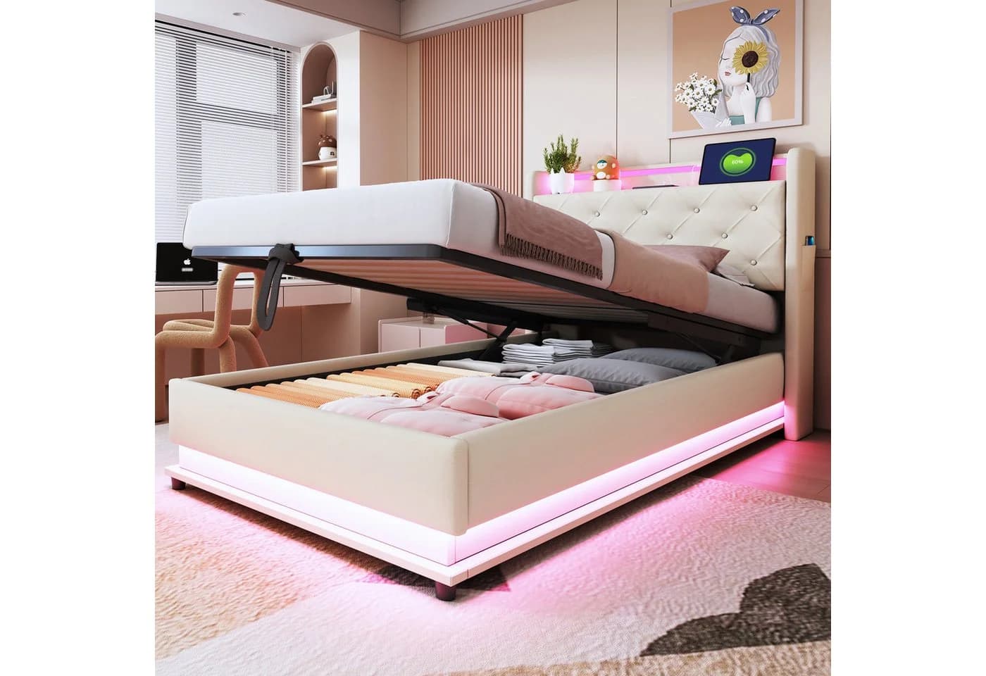 Merax Polsterbett mit LED-Beleuchtung und Stauraum Leinenstoff Beige/Grau