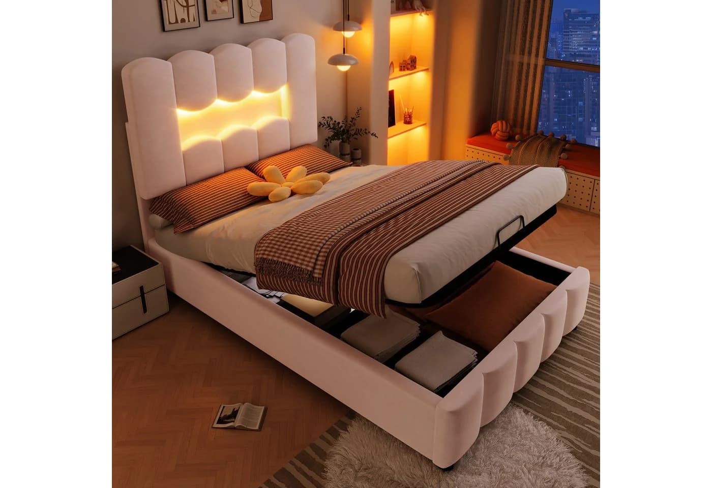 Merax Polsterbett 90x200cm mit LED-Beleuchtung & Stauraum Samt Rosa