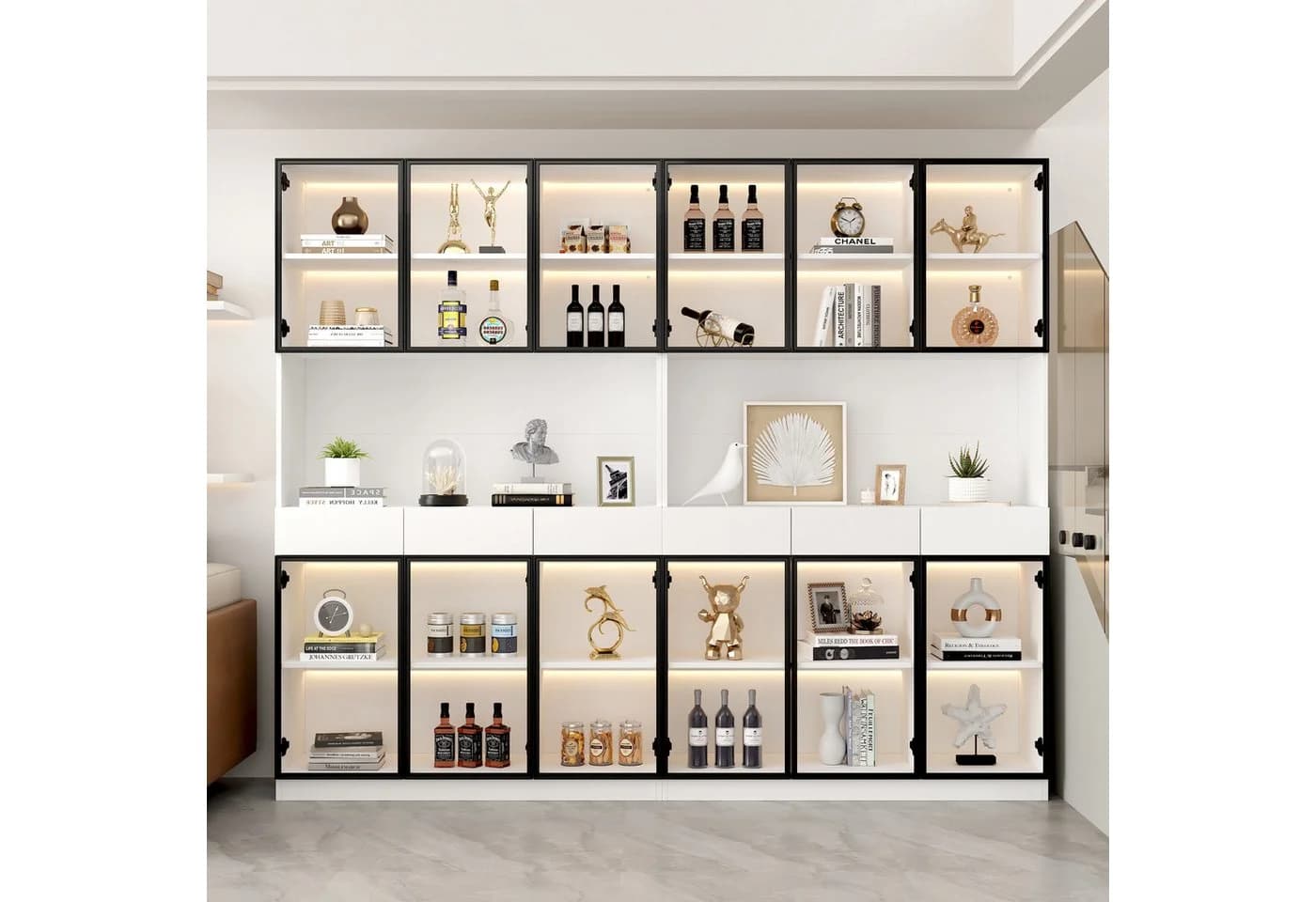Merax Standvitrine Matt Glasvitrine mit LED-Beleuchtung und Stauraum