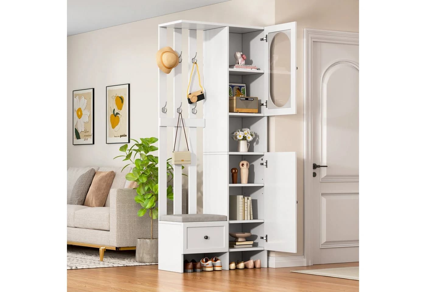 Merax Garderoben-Set Scandi Weiß mit Schuhbank und Stauraum