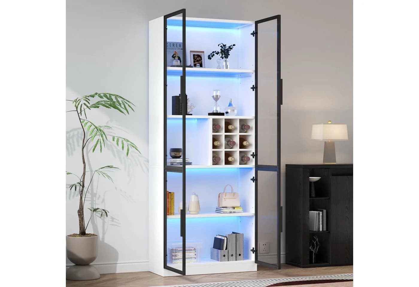 Merax Glasvitrine Standvitrine mit LED & Weinfach