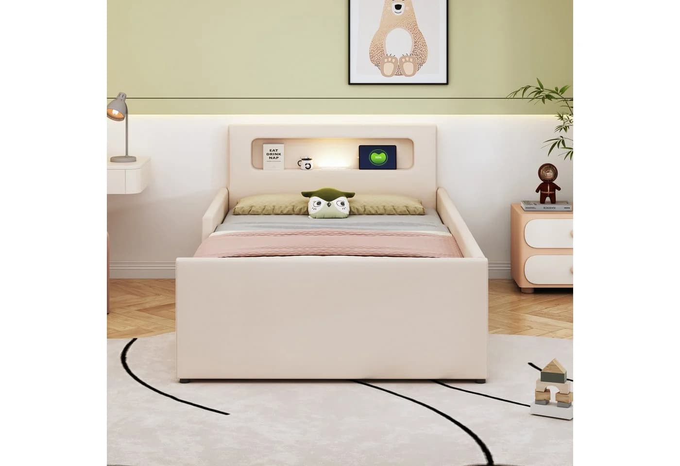 Merax Polsterbett mit USB-Ladeanschluss und Nachtlicht, Kinderbett 90x200cm mit Schublade, Sicherheitsseiten & Stauraum