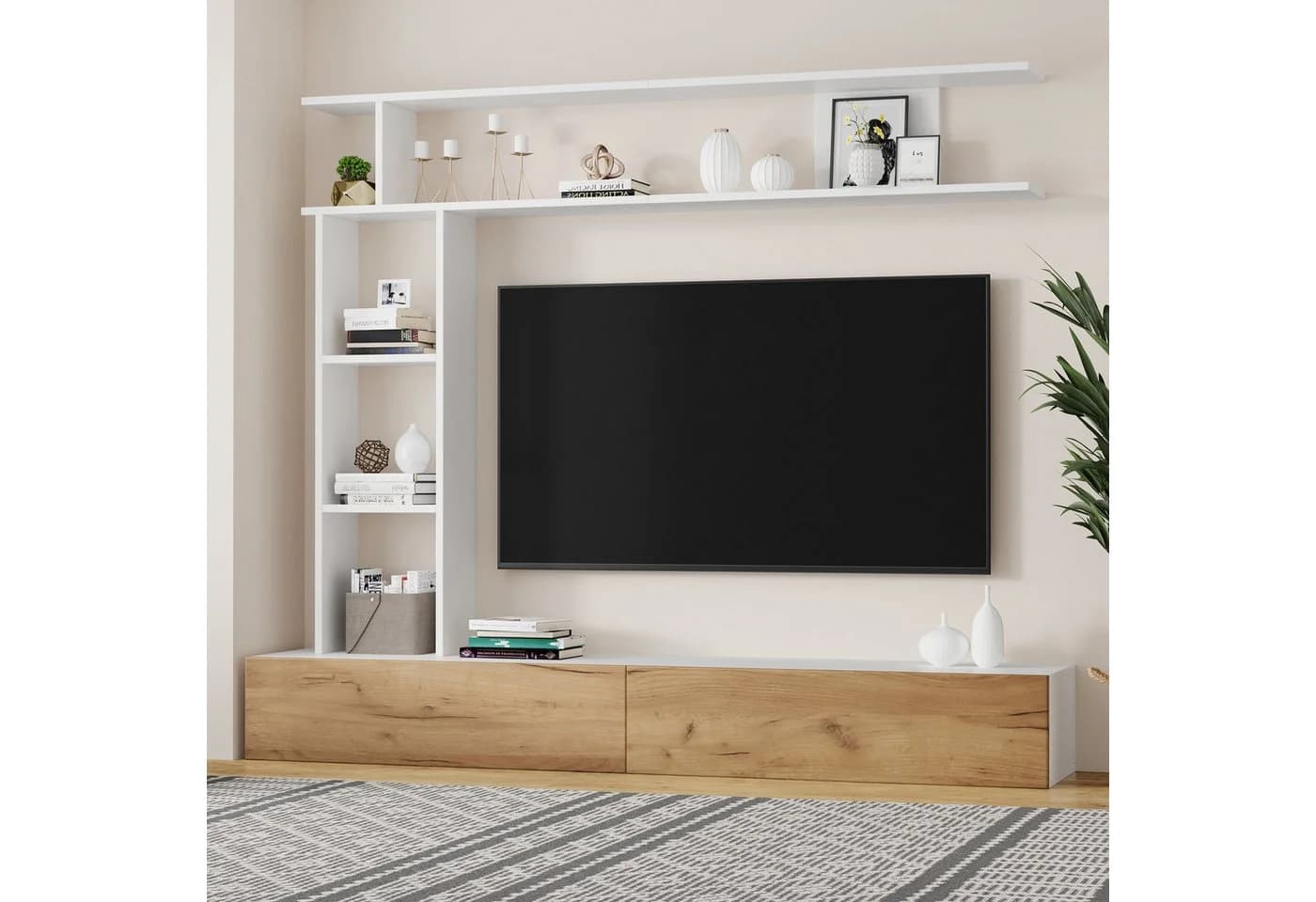 Merax Wohnwand 3-teilig Weiß & Holz mit TV-Board