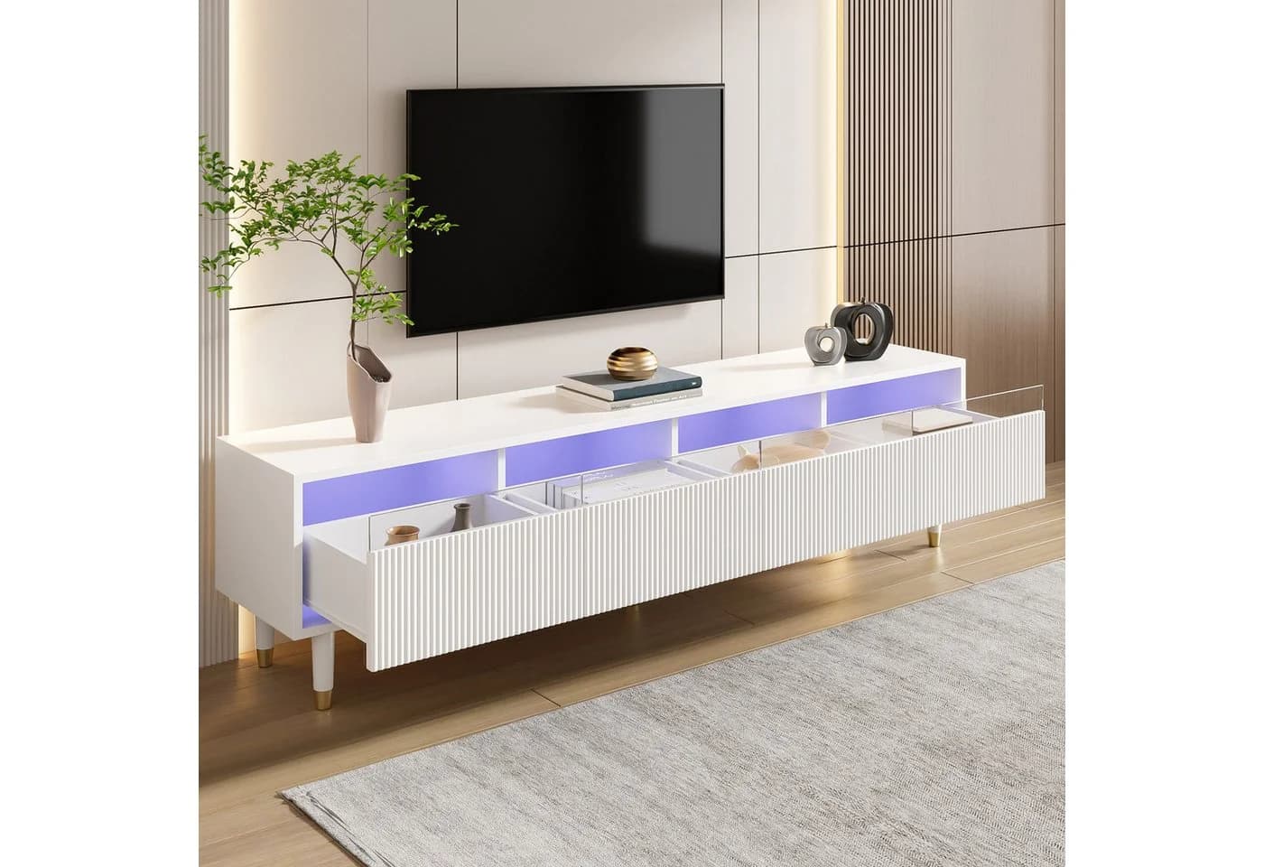 Merax TV-Schrank Lowboard mit LED-Beleuchtung und 4 Acryl-Schubladen Weiß