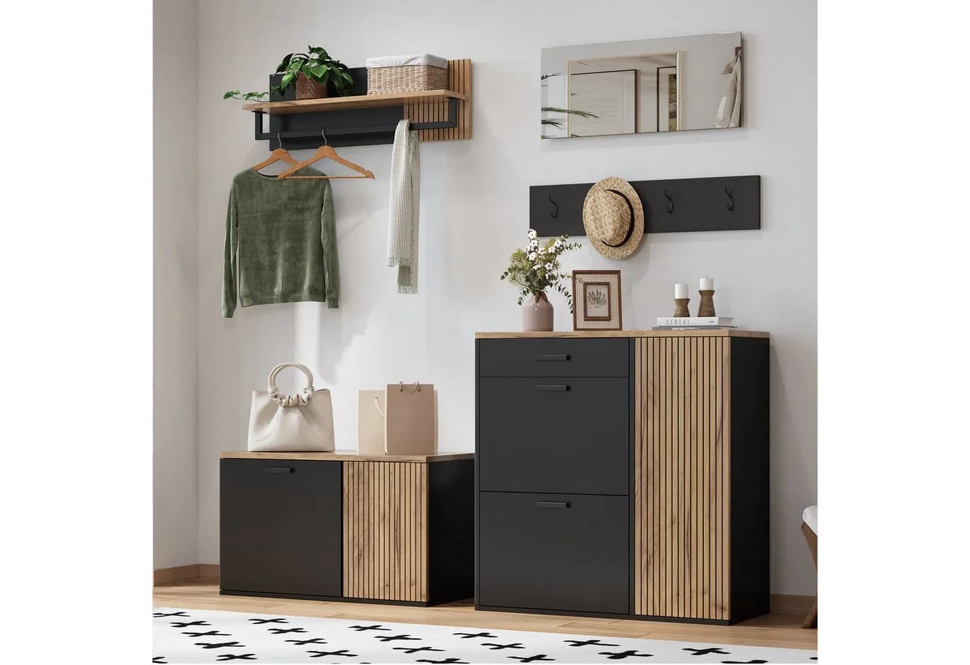 Merax Garderoben-Set 5-teilig Holz Schwarz/Weiß
