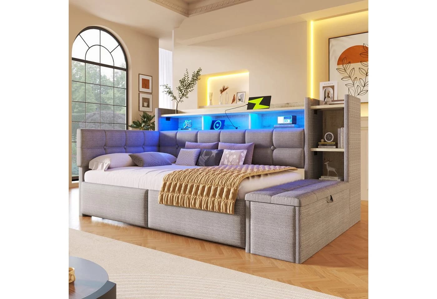 Merax Tagesbett 90x190cm mit LED-Lichtleiste, USB & Typ-C