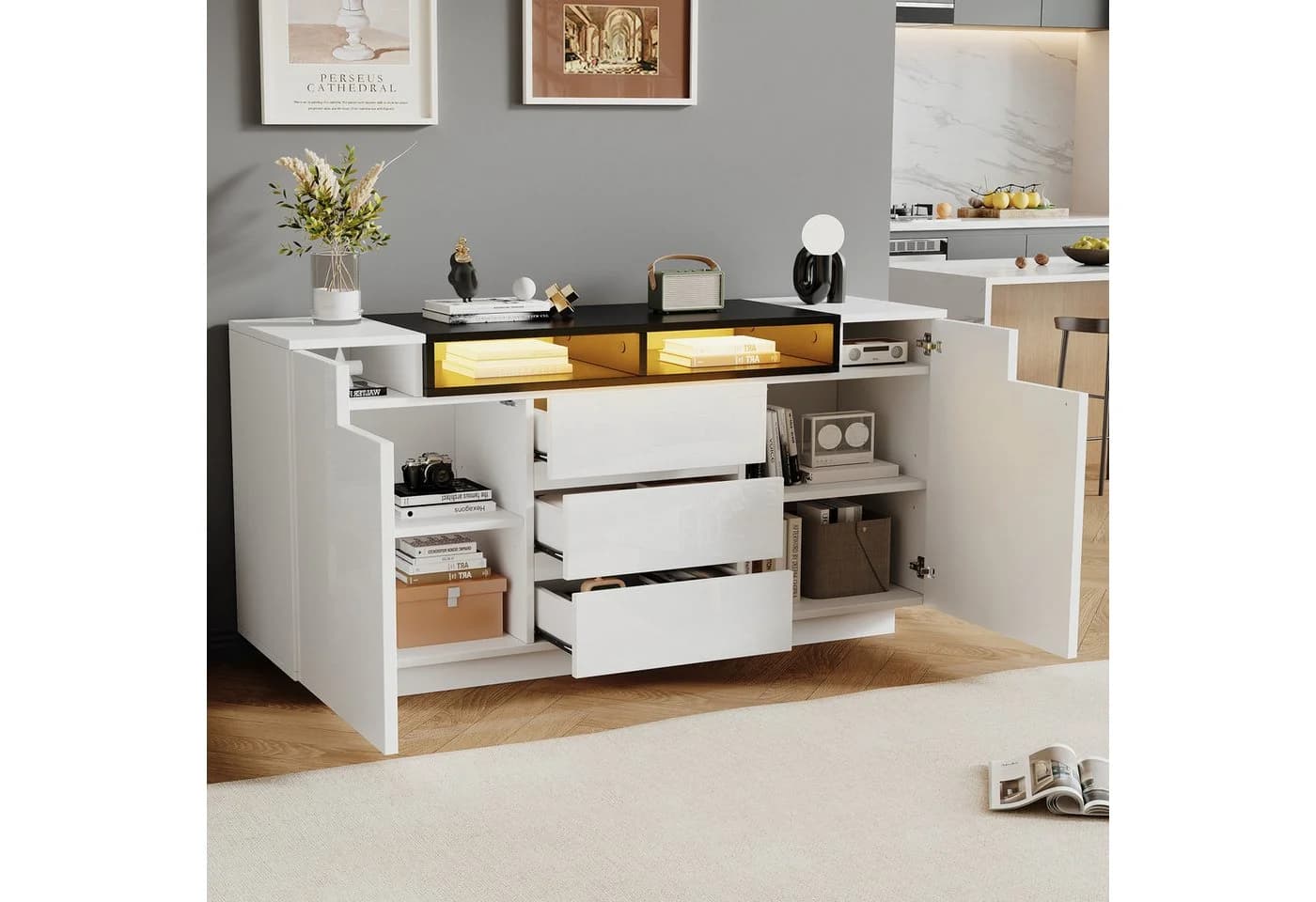 Merax Sideboard Hochglanz mit LED-Beleuchtung Weiß Schwarz