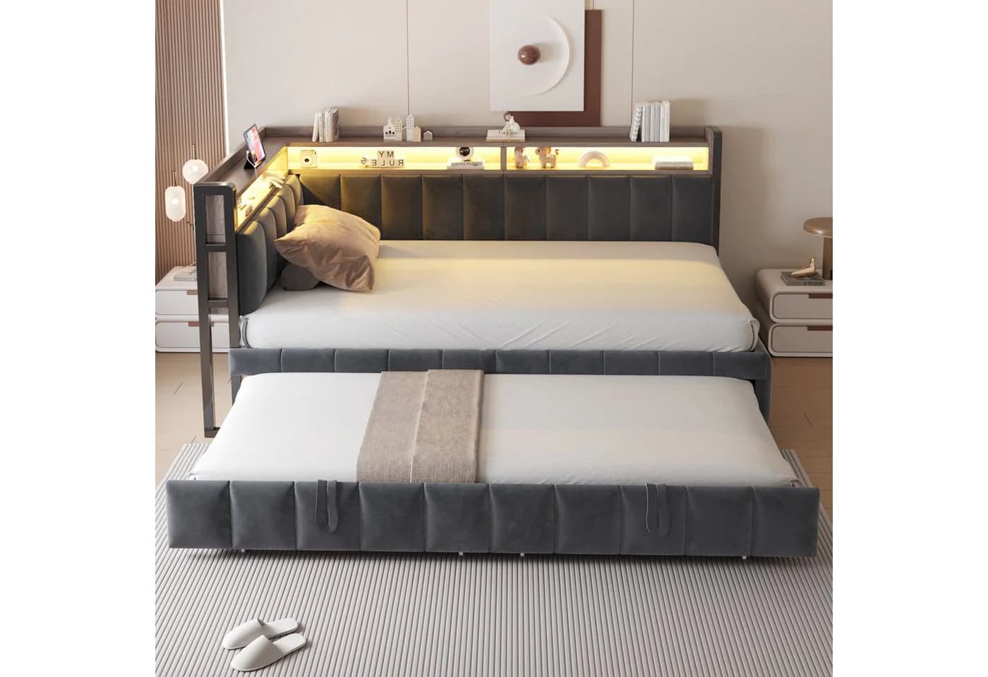 Merax Schlafsofa 90x200 cm mit LED-Beleuchtung & USB-Anschluss