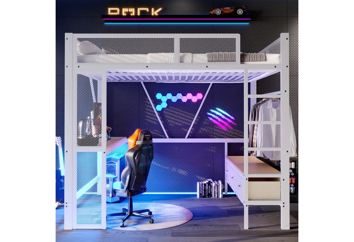 Merax Hochbett 140x200cm mit LED-Beleuchtung und USB
