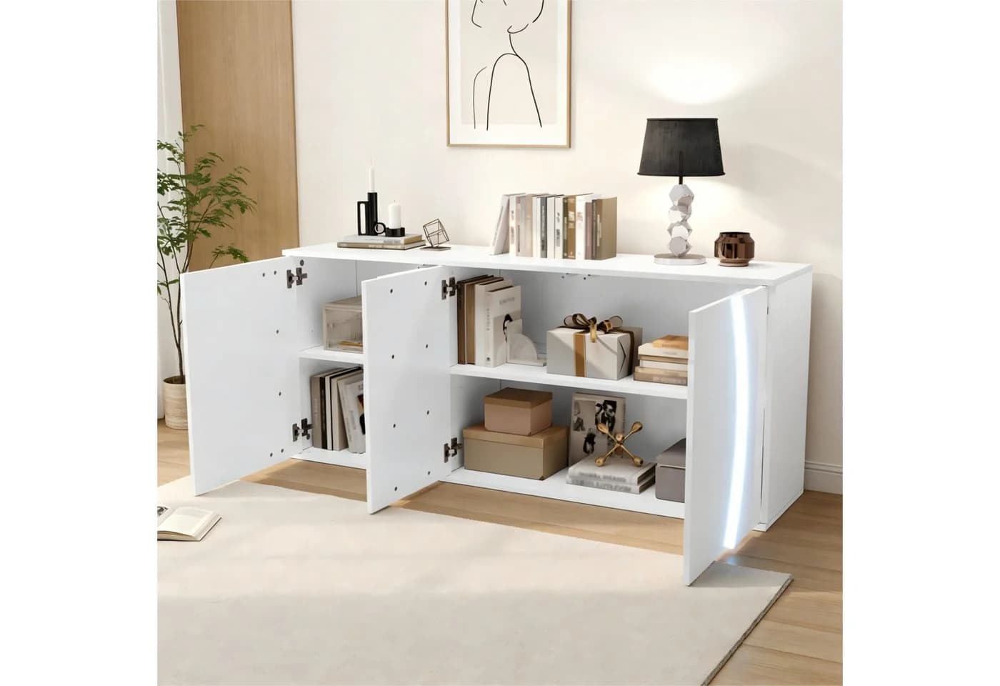 Merax Sideboard LED-Beleuchtung Hochglanz Weiß