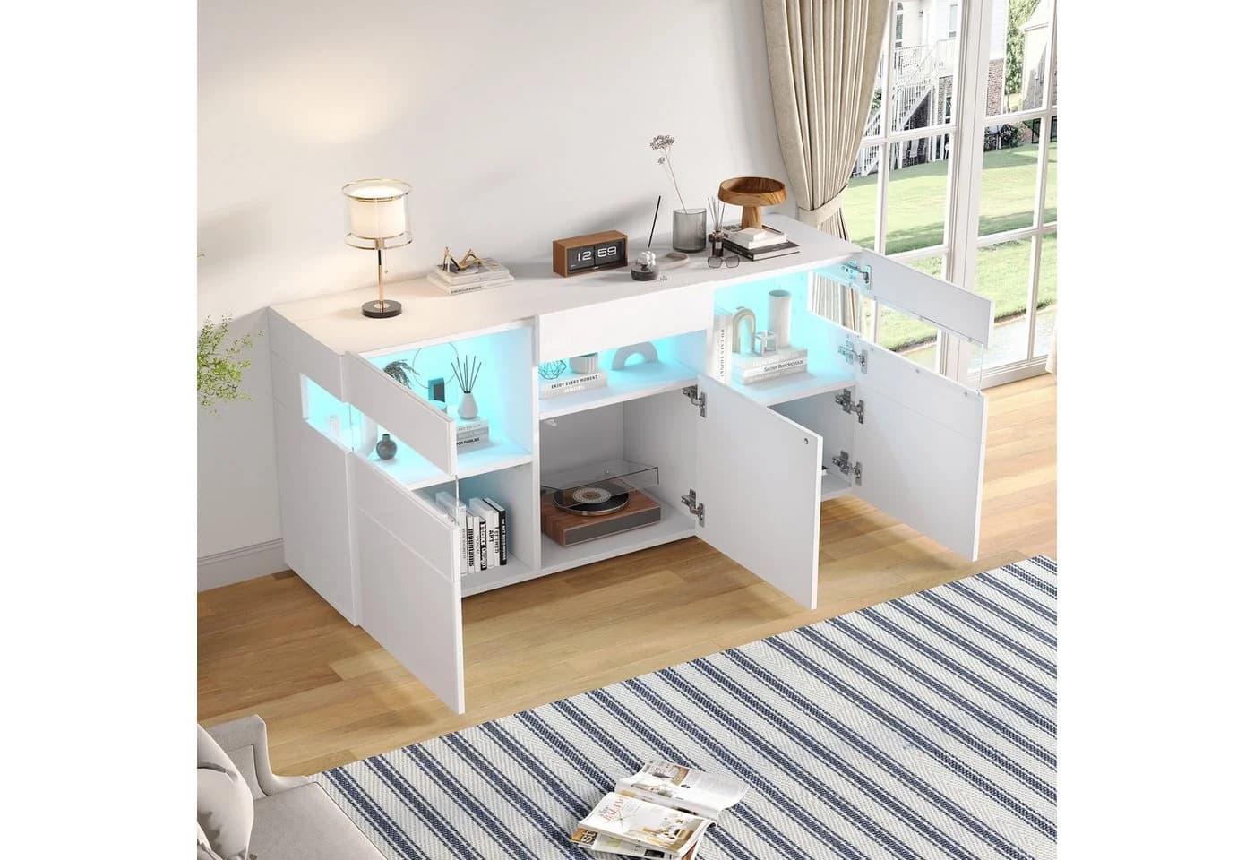 Merax Sideboard mit LED-Lichtleiste, Weiß, Hochglanzfront