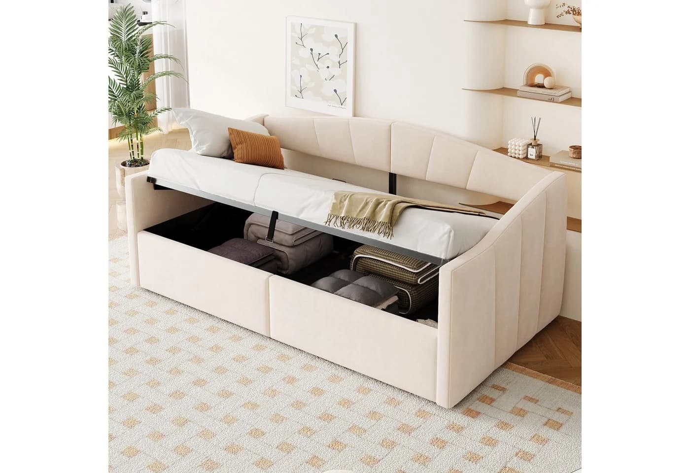 Merax Daybett 90x200 mit Stauraum und Lattenrost Samtstoff