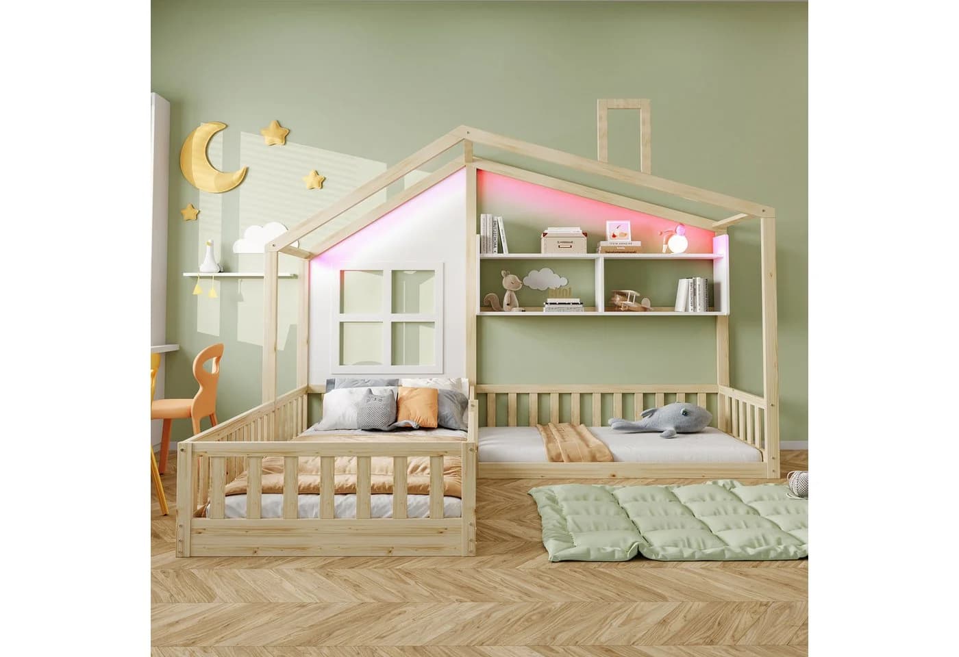 Merax Kinderbett Hausbett mit LED-Lichtband und Sicherheitsgitter
