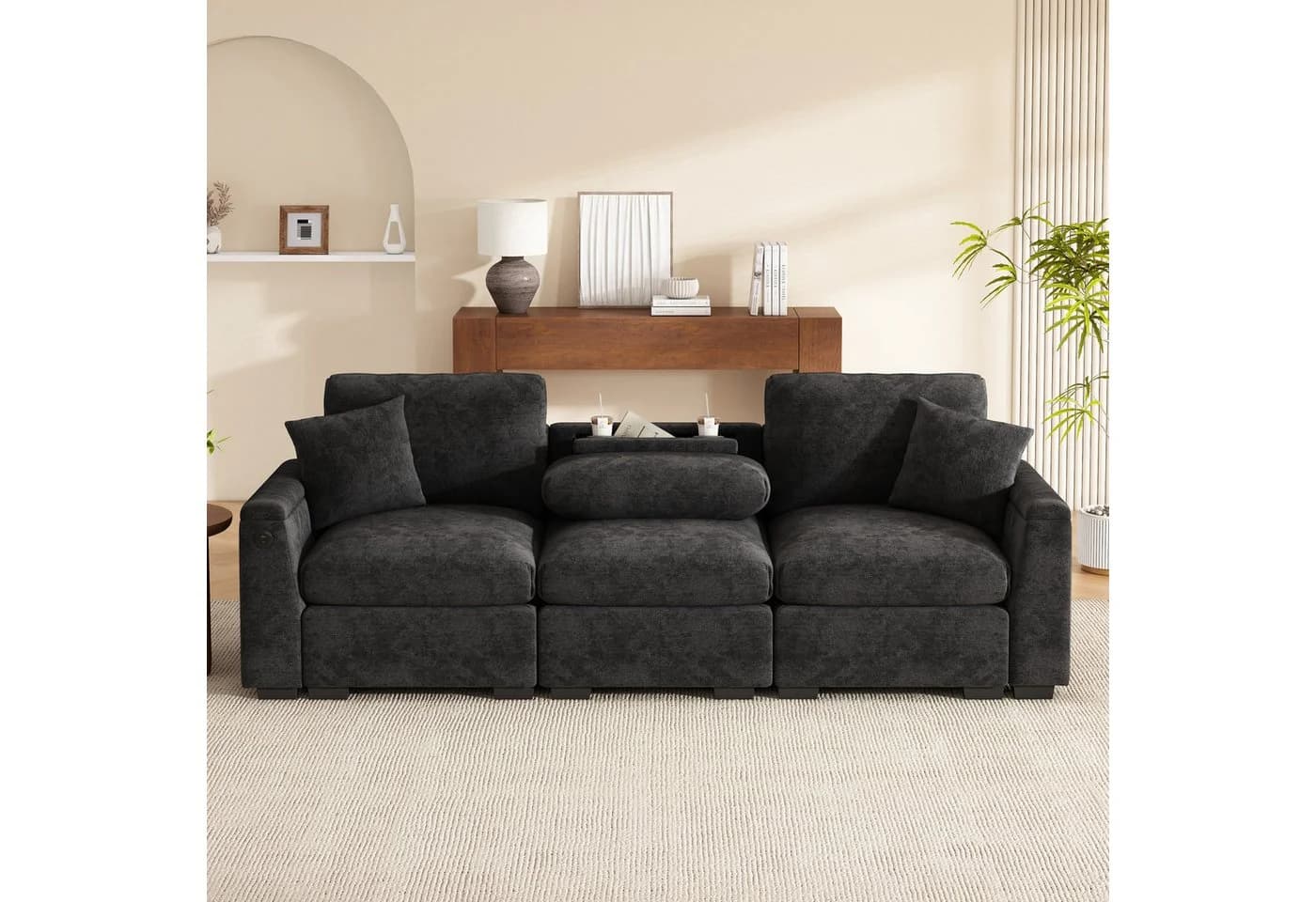 Modernes Sofa in Beige und Grau aus Chenille und Massivholz
