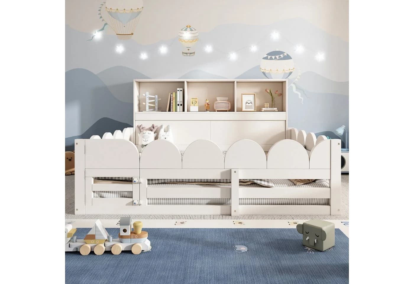 Flieks Kinderbett Bodenbett 140x200cm Weiß mit Regal und Rausfallschutz