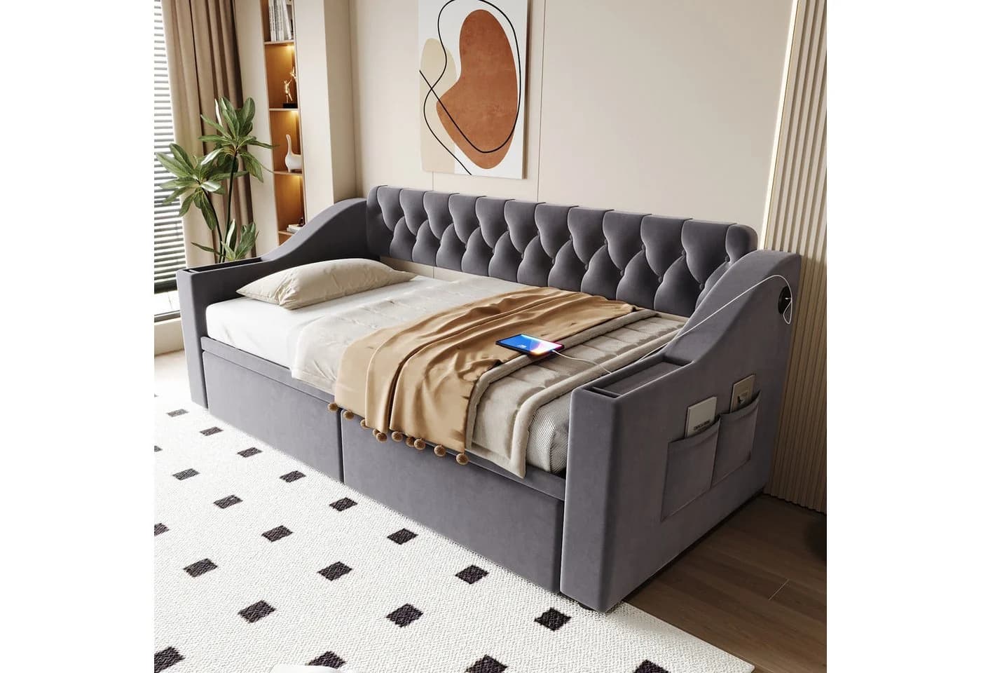 Merax Polsterbett Schlafsofa 90x190cm USB-Ladeanschluss Metallrahmen