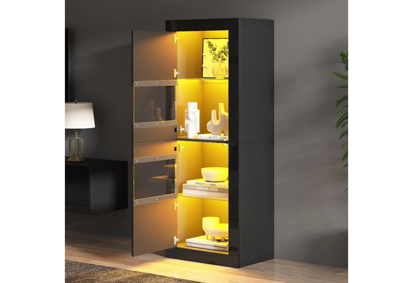 Merax Standvitrine Hochglanz Vitrine mit LED-Beleuchtung