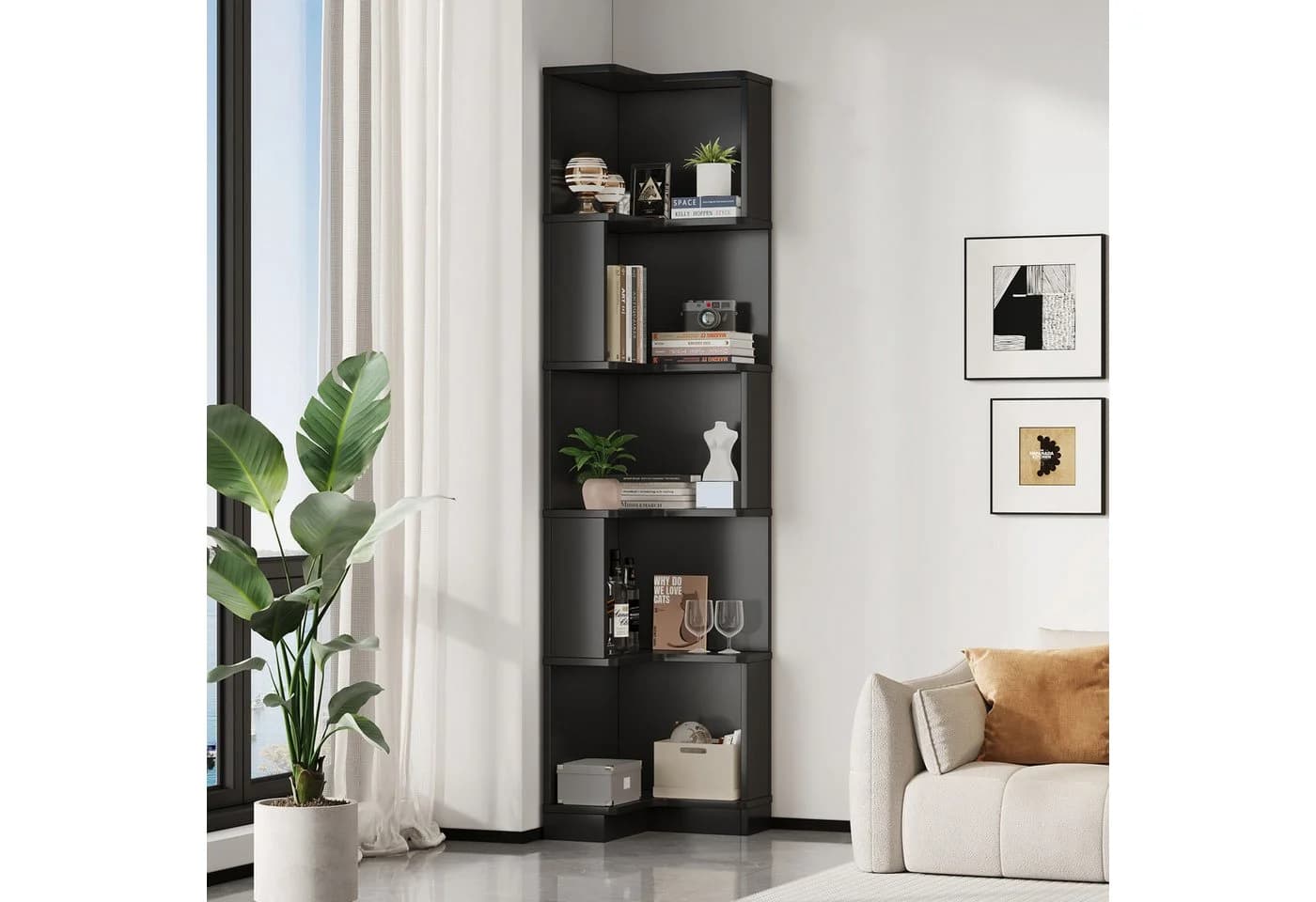 Flieks Bücherregal Standregal mit LED-Beleuchtung und 6 Ebenen Schwarz