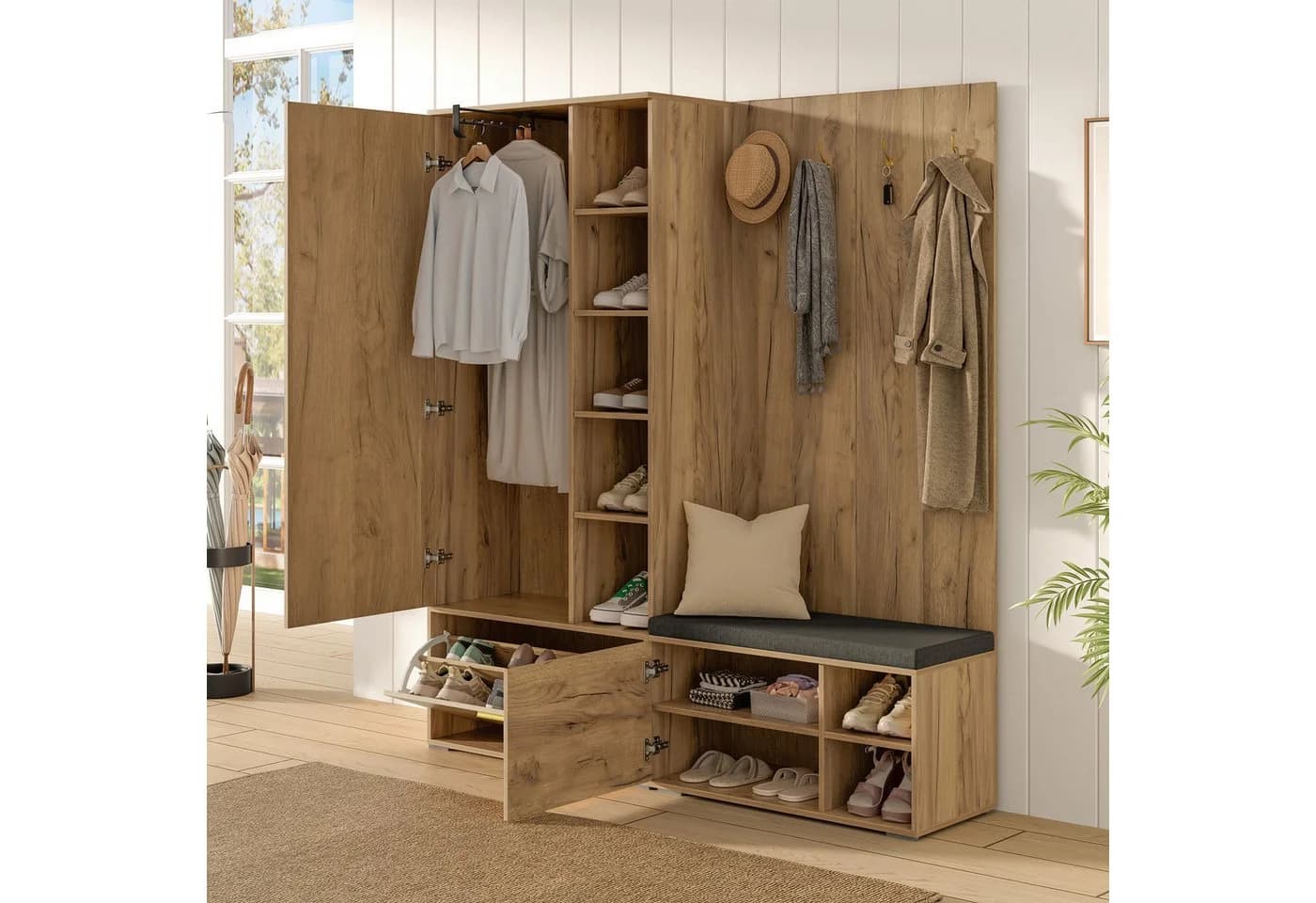 Flieks Garderoben-Set Schuhschrank Kleiderschrank Holzoptik