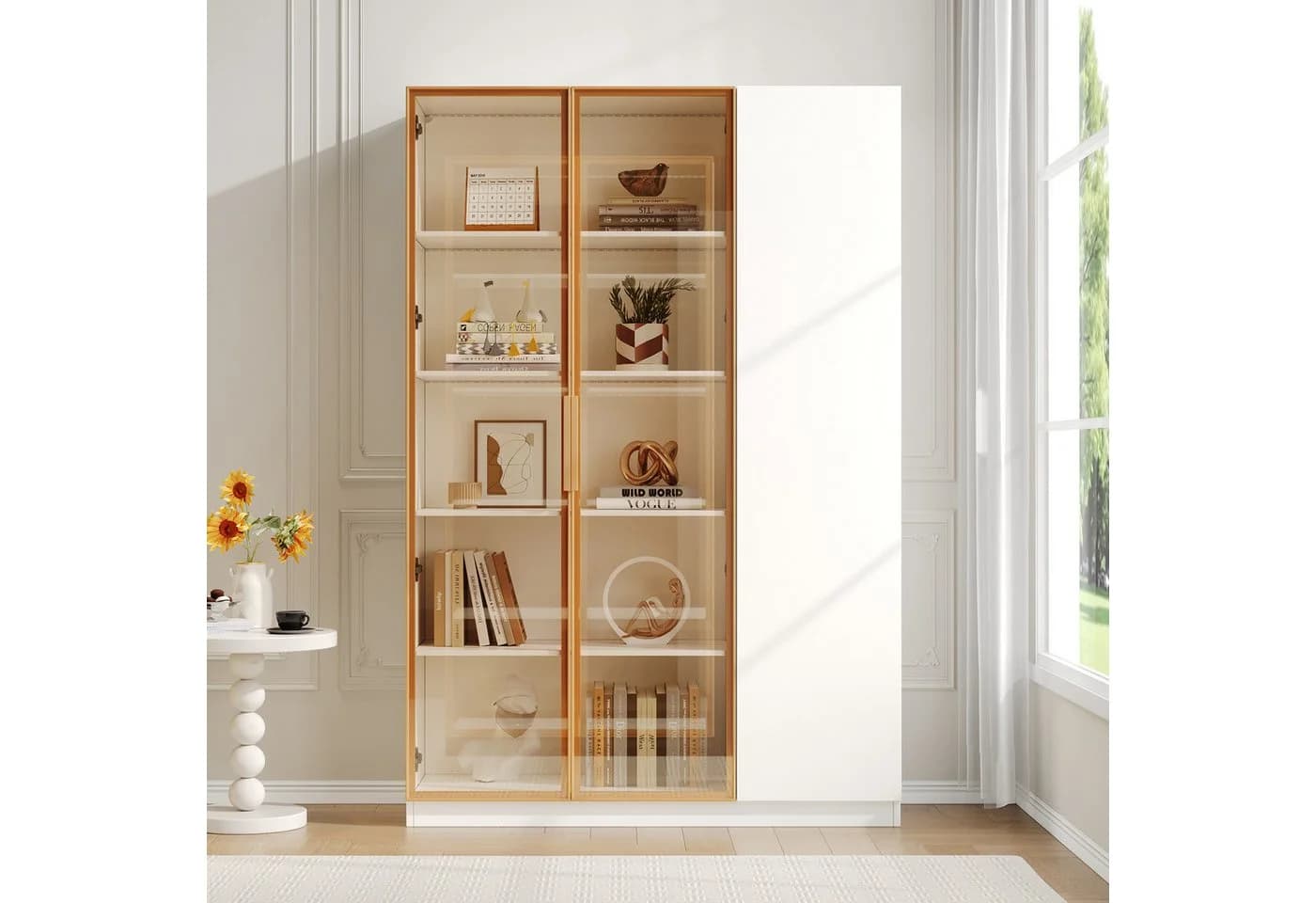 Flieks Glasvitrine Hochschrank mit LED-Beleuchtung, 2 Glastüren und 1 Holztür